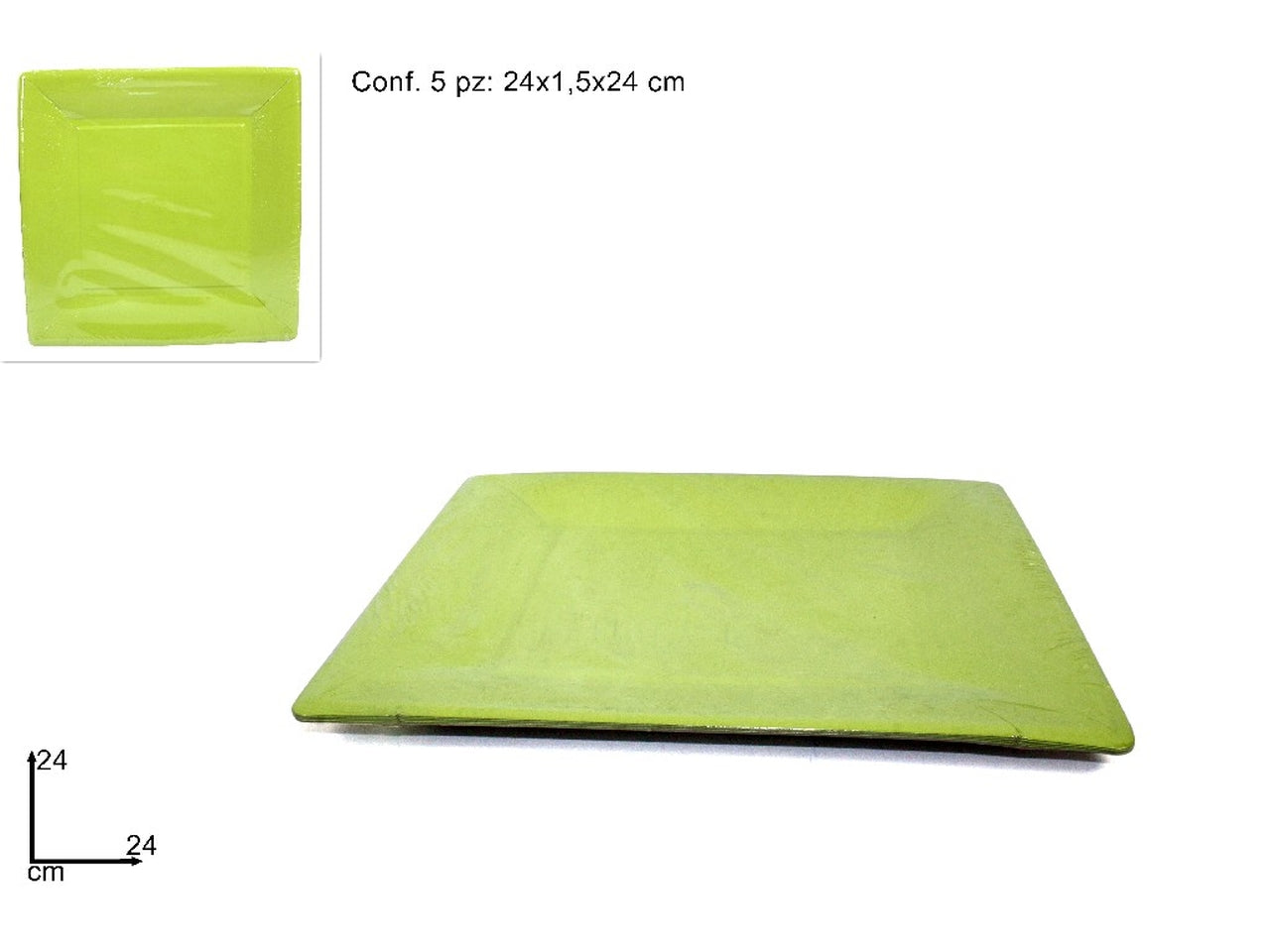 Piatti quadrati cartoncino 24cm set da 5 piatti verdi