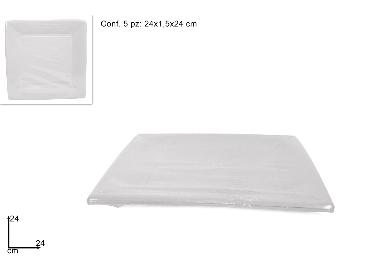 Piatti quadrati cartoncino 24cm set da 5 piatti bianchi
