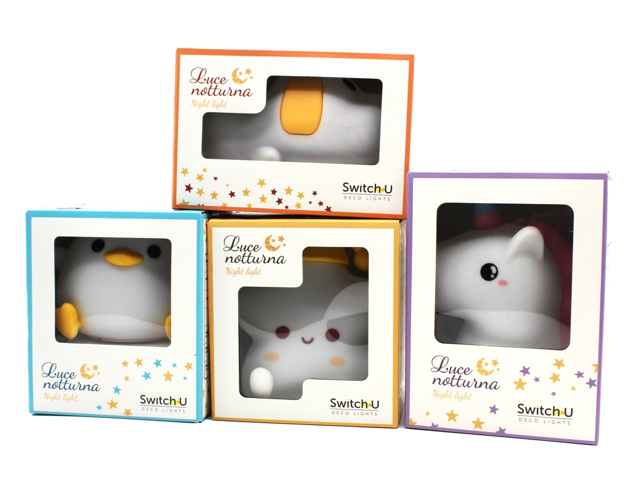 Luci notturne assortite a forma di pulcino, stella, unicorno e cane