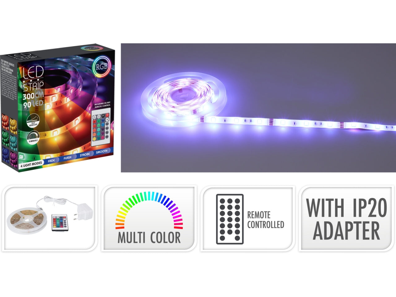 Fascia luminosa 90led rgb 3mt multicolor con telecomando