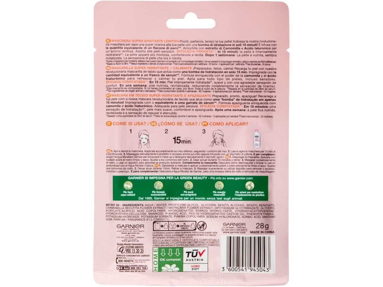 Garnier maschera viso in tessuto hydrabomb, super idratante