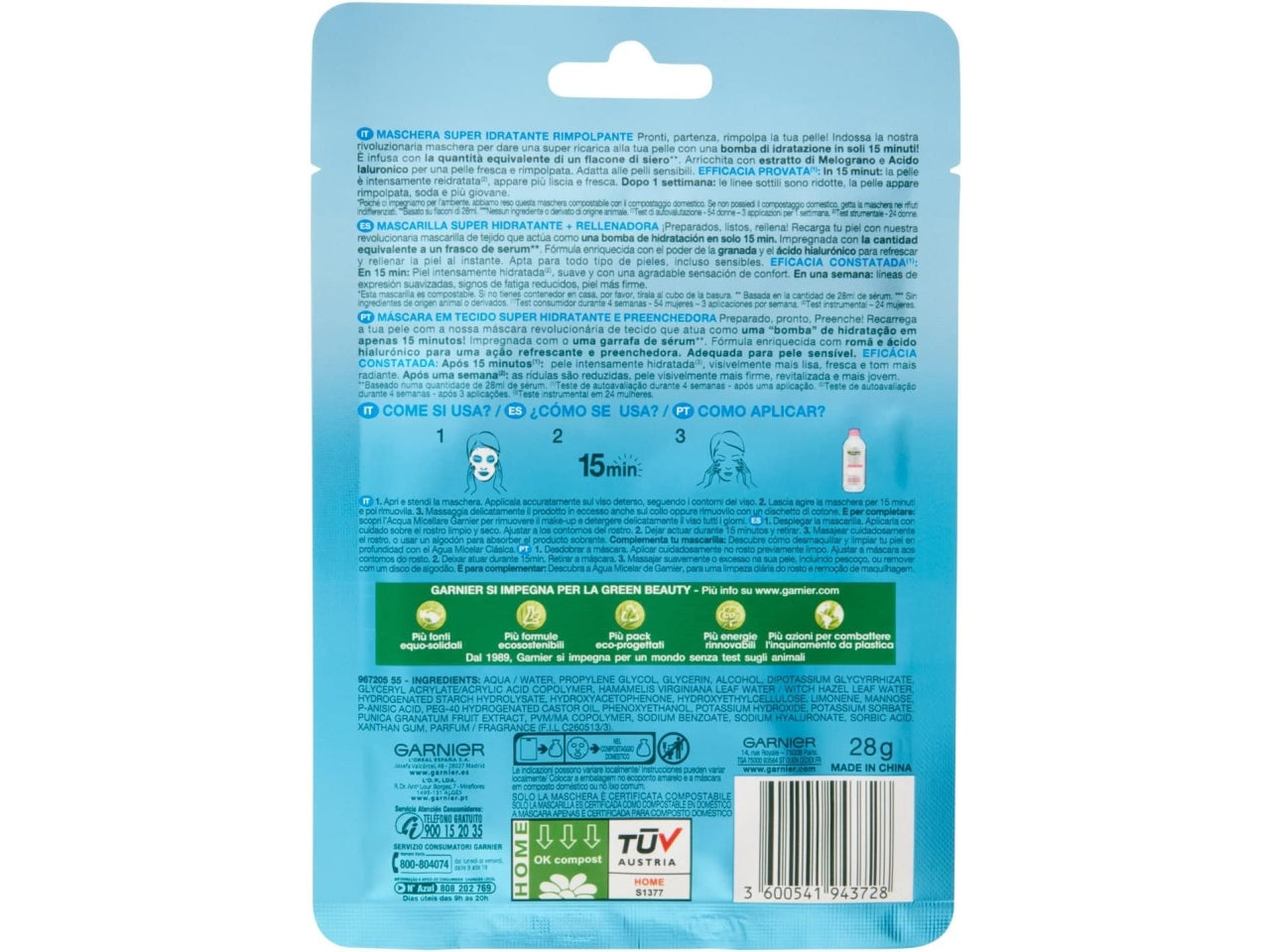 Garnier maschera viso in tessuto hydrabomb blu rimpolpante