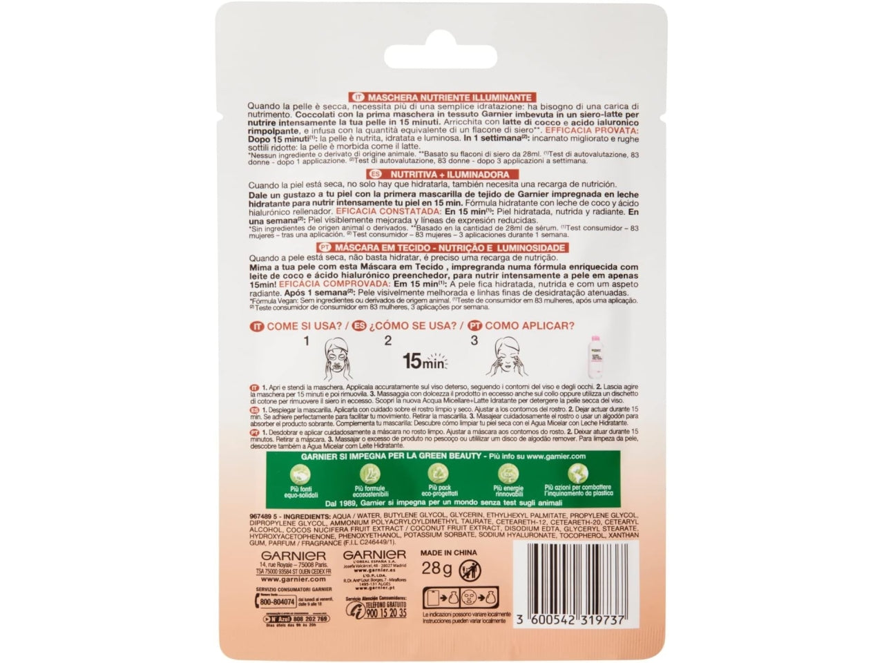 Garnier maschera viso in tessuto nutibomb al cocco