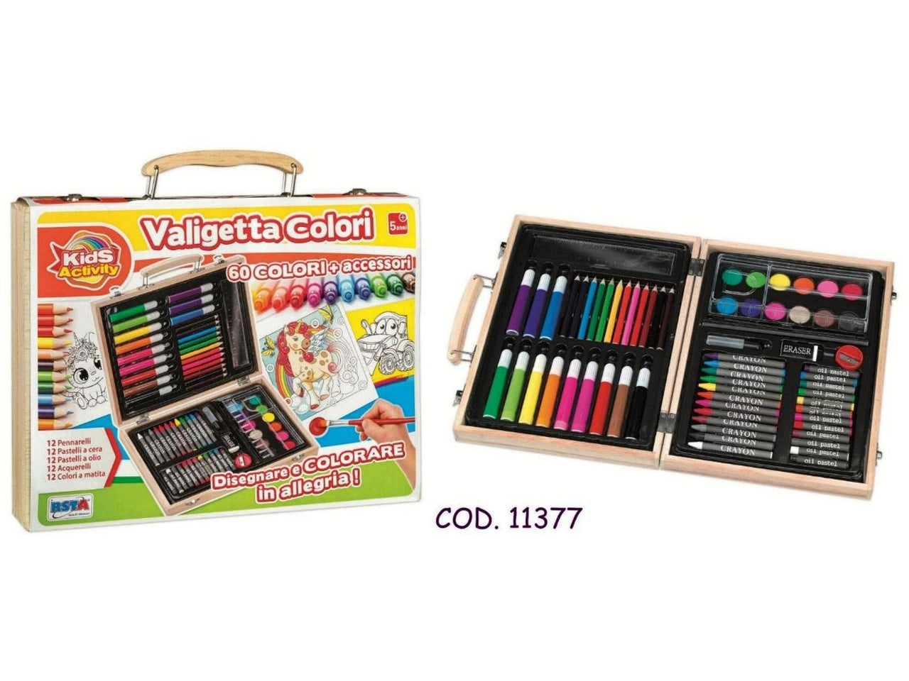 Valigetta in legno con 60 pezzi in colori assortiti e accessori