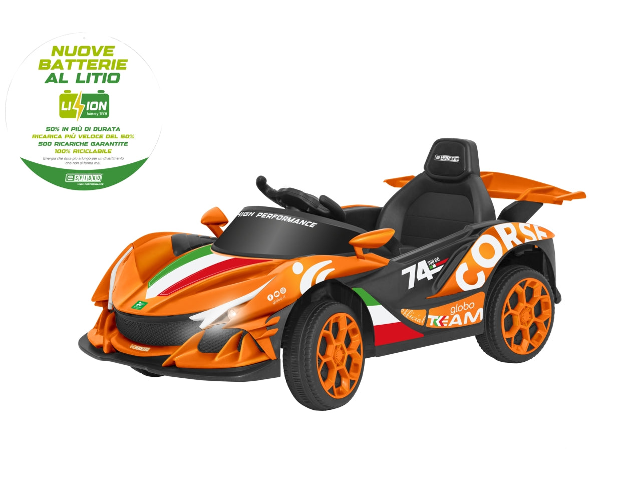 E-spidko auto a batteria li-ion 12v di colore arancio