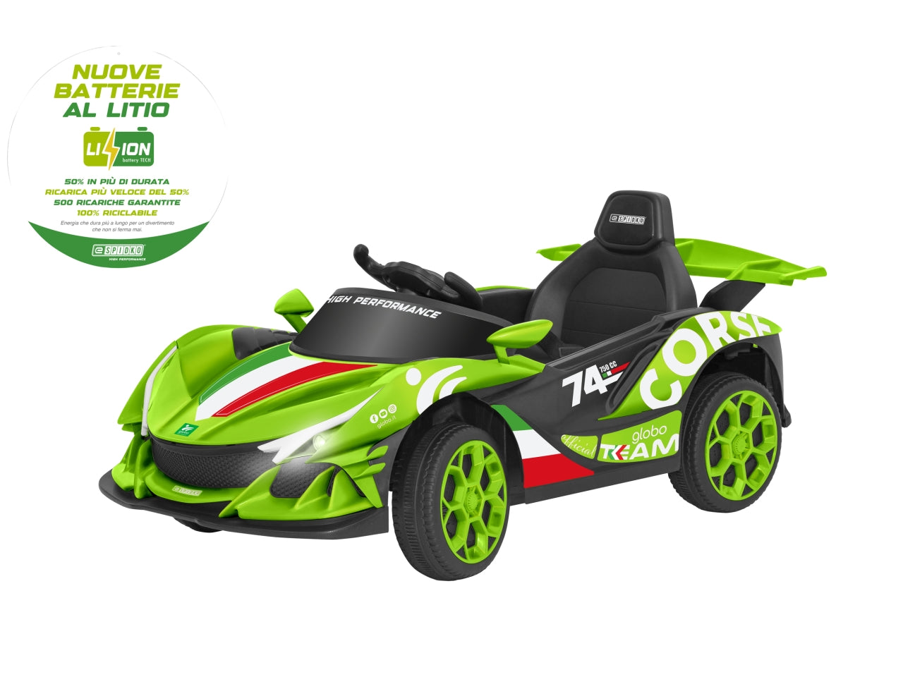 E-spidko auto a batteria li-ion 12v di colore verde