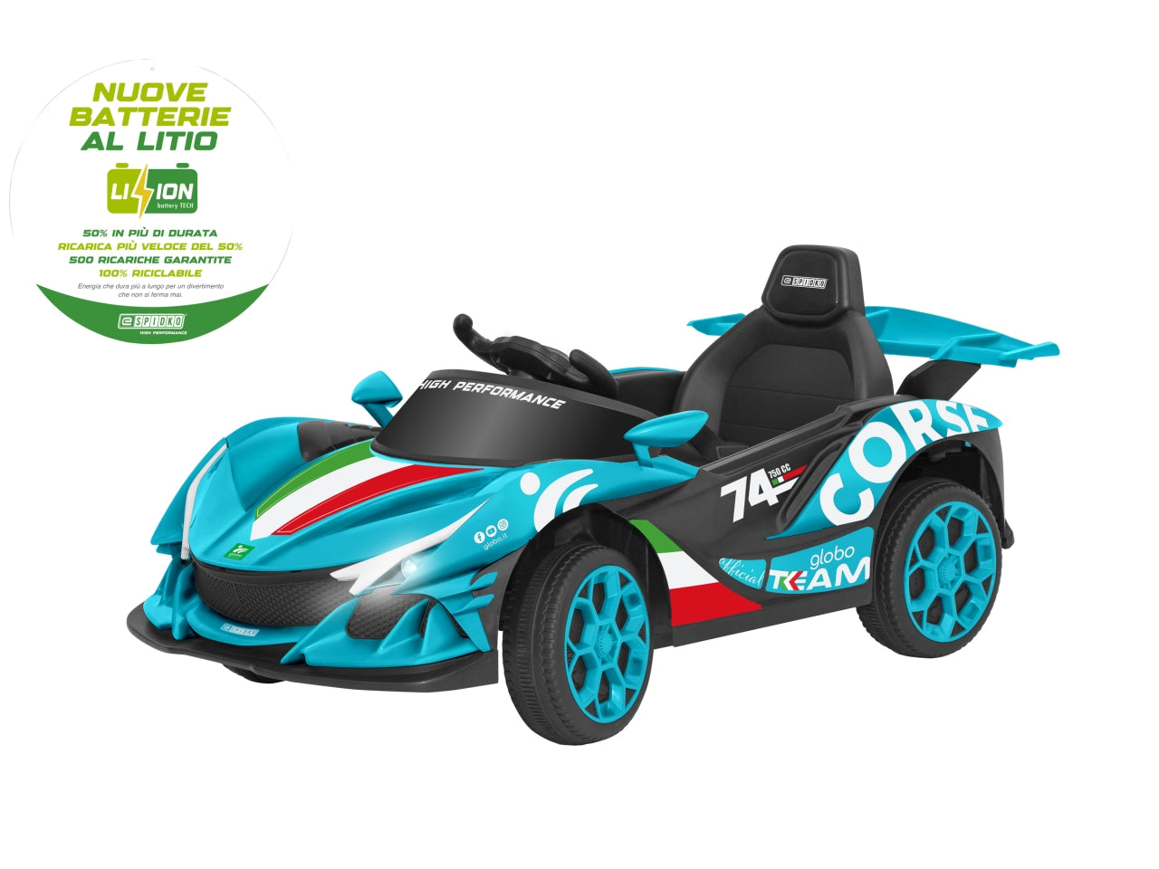 E-spidko auto a batteria li-ion 12v di colore azzurro