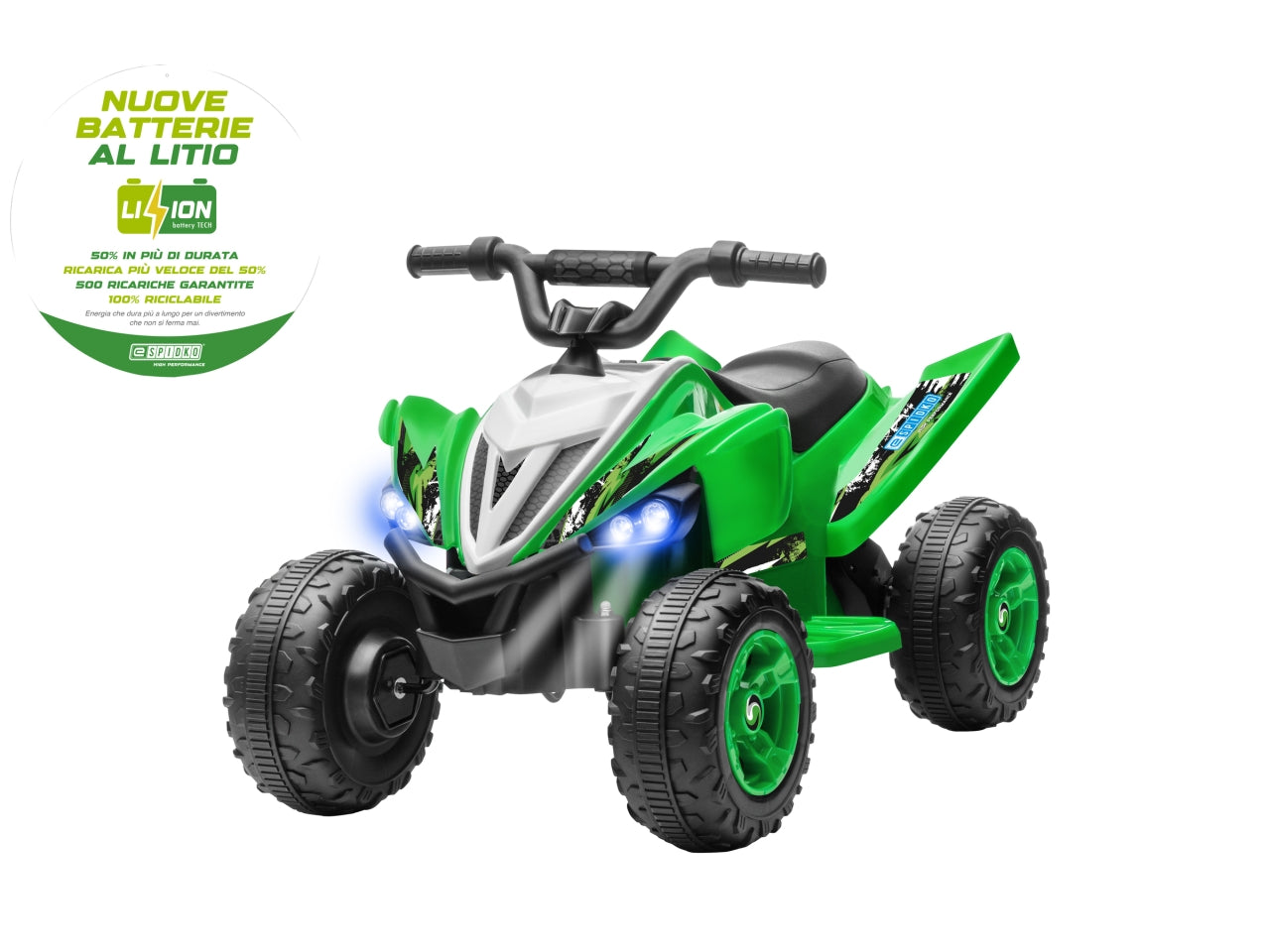 E-spidko quad a batteria li-ion 12v di colore verde