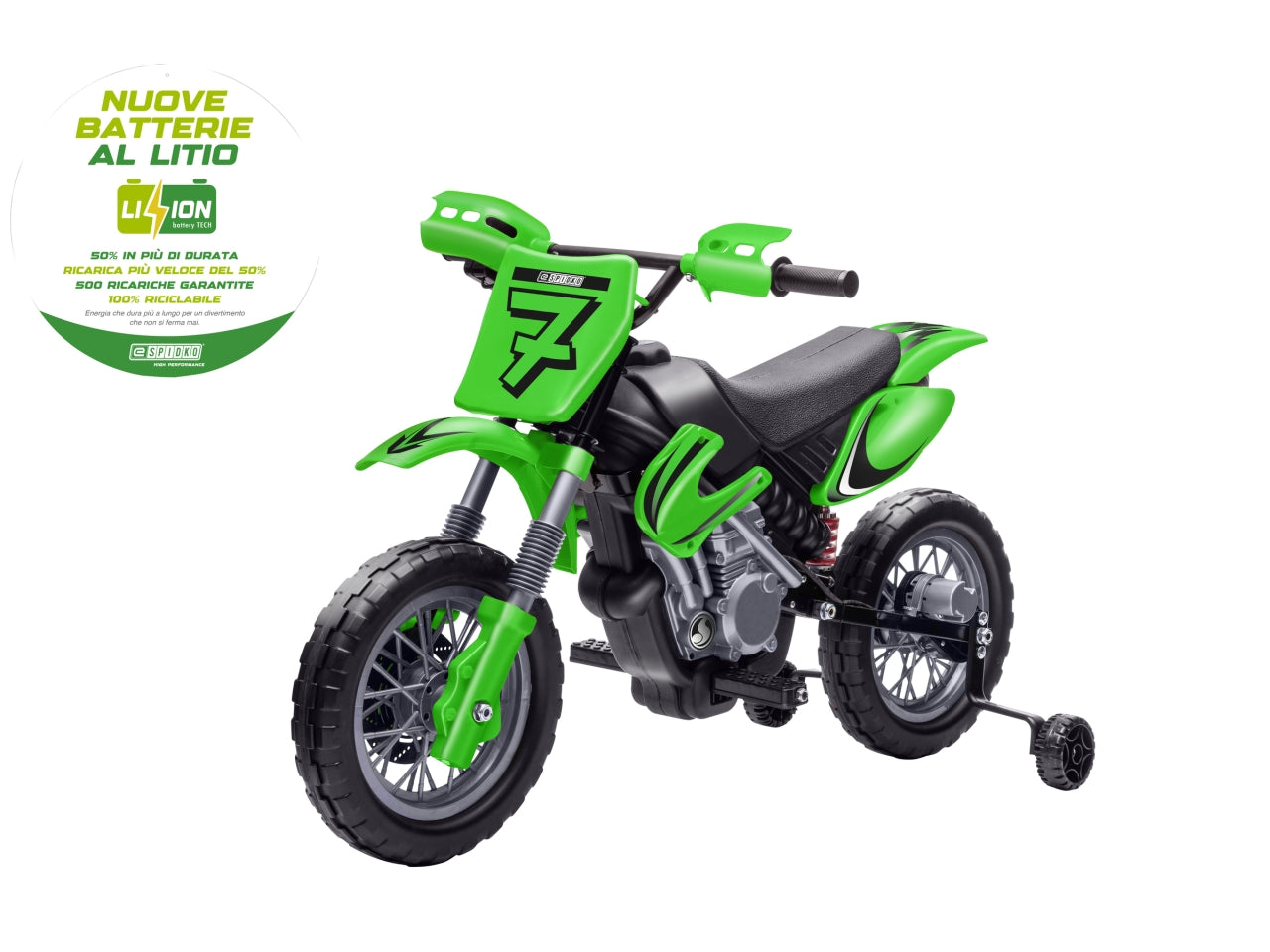 E-spidko moto cross a batteria  li-ion 12v di colore verde