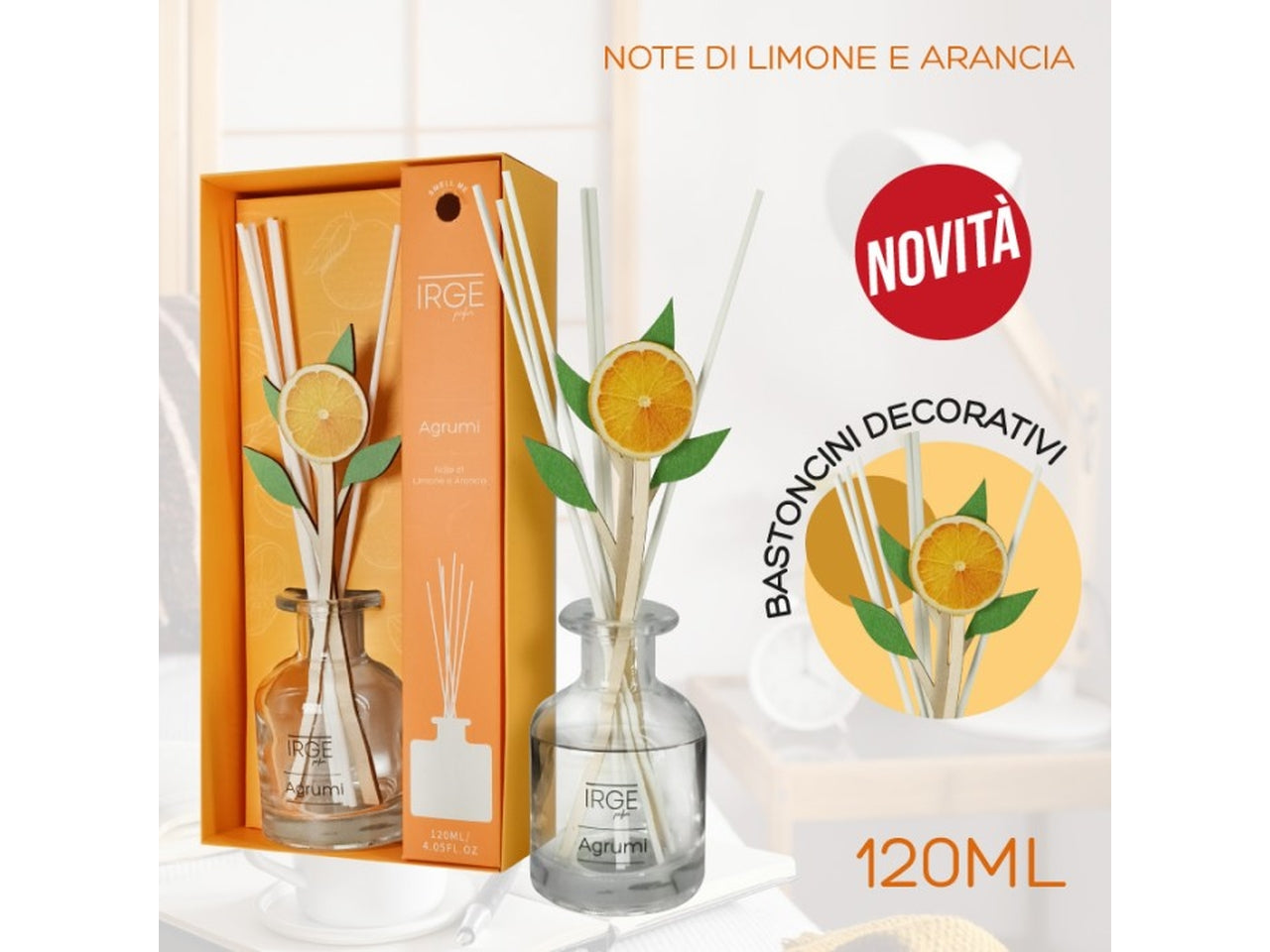Diffusore 120ml irge bastoncini in legno agrumi