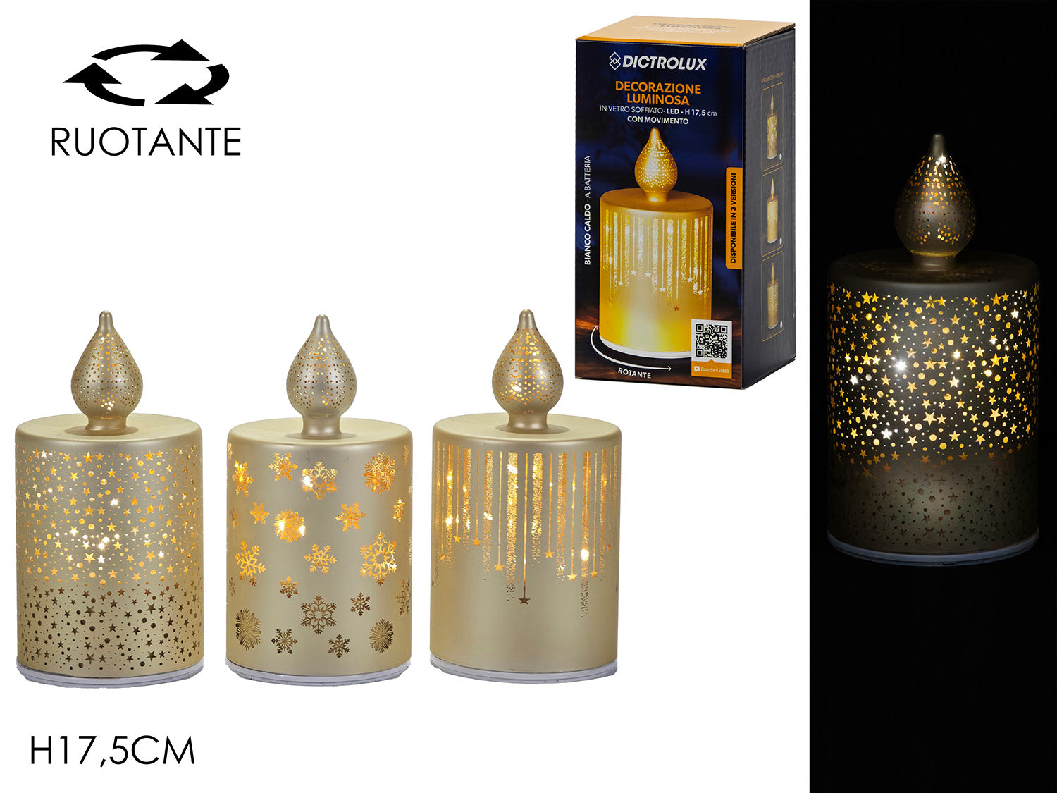 Candela 17,5cm oro a batteria con luci e movimento 3 modelli assortiti