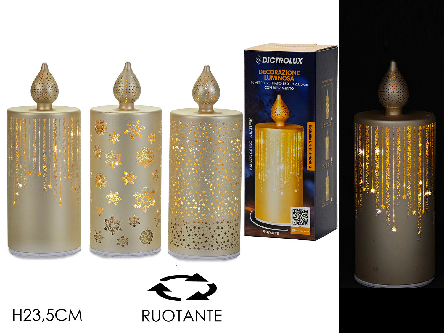 Candela23,5cm oro a batteria con luci e movimento  3 modelli assortiti