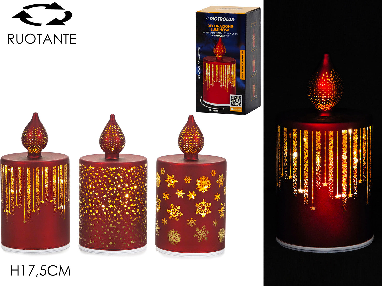 Candela 17,5cm rossa a batteria con luci e movimento 3 modelli assortiti
