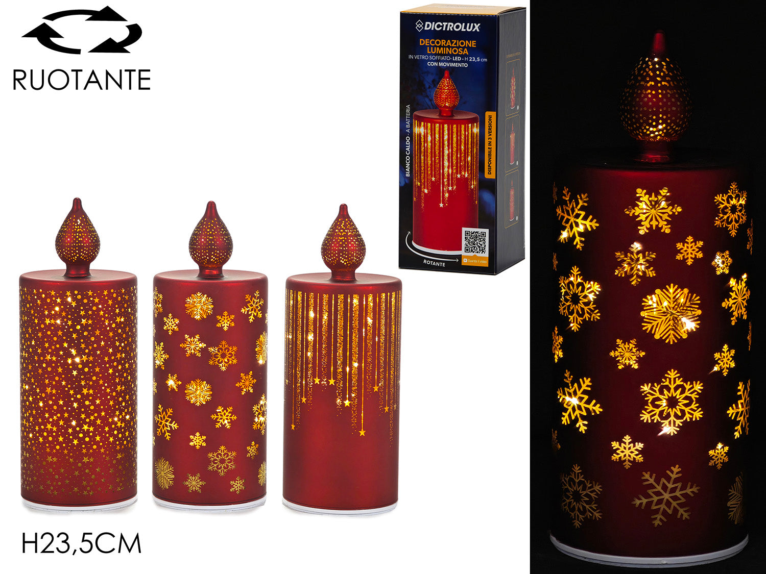 Candela 23,5cm rossa a batteria con luci e movimento 3 modelli assortiti