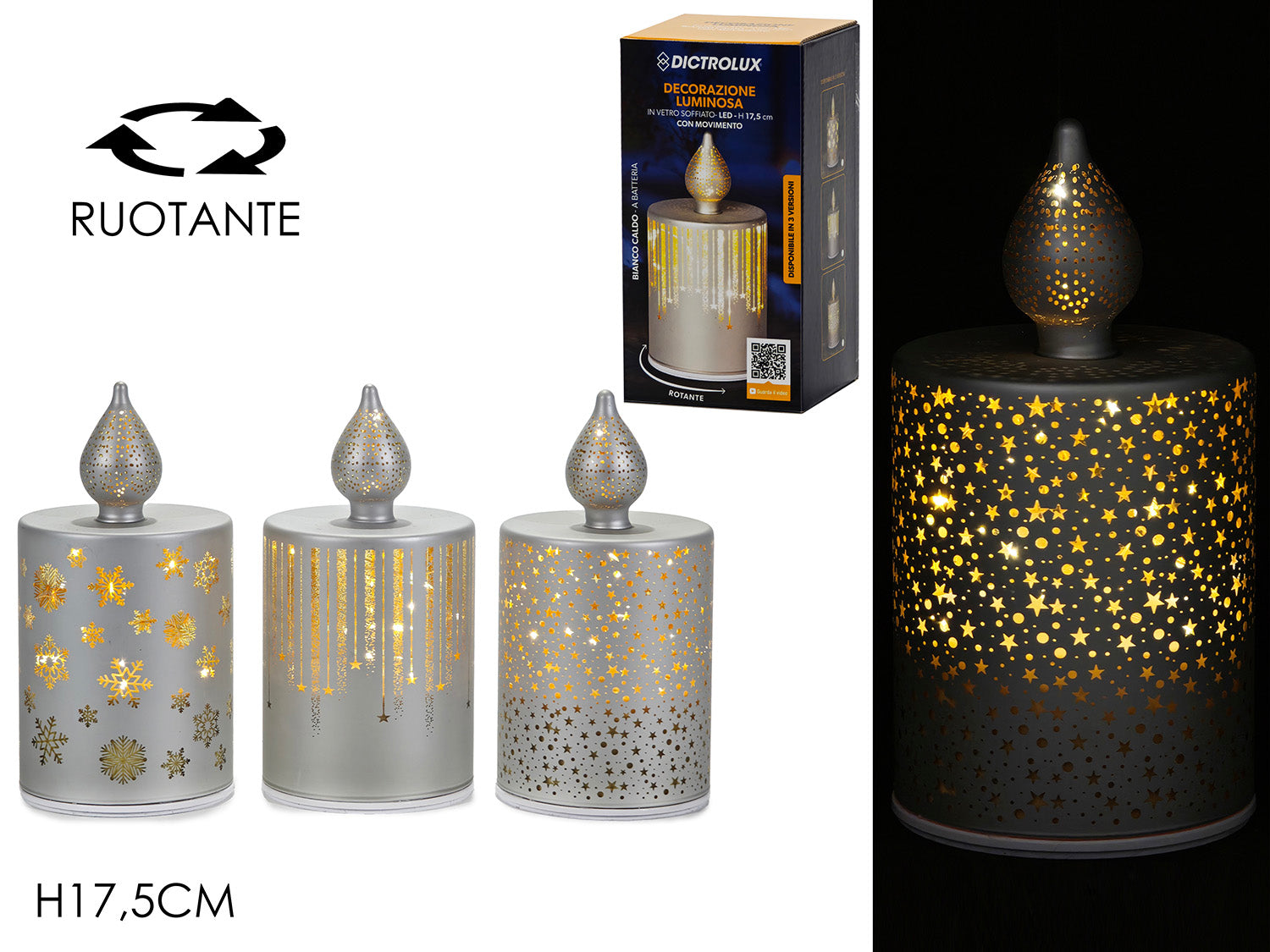 Candela 17,5cm argento a batteria con luci e movimento 3 modelli assortiti