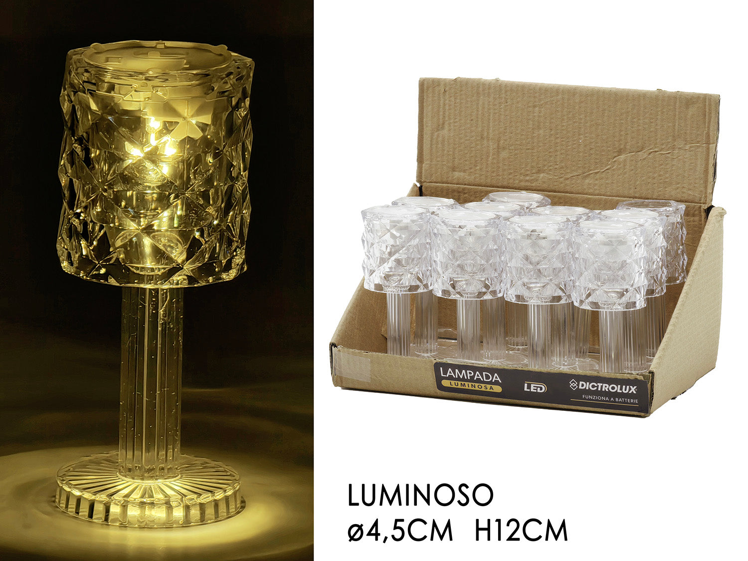 Lampada da tavolo 12cm con luce a batteria, trasparente