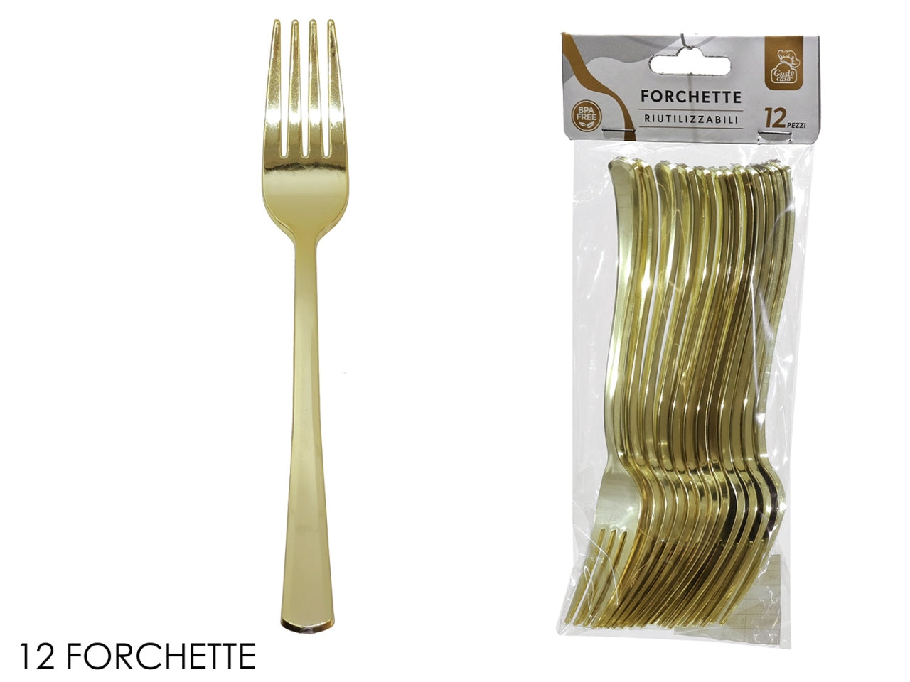 Forchette in plastica, confezione da 12 pezzi oro