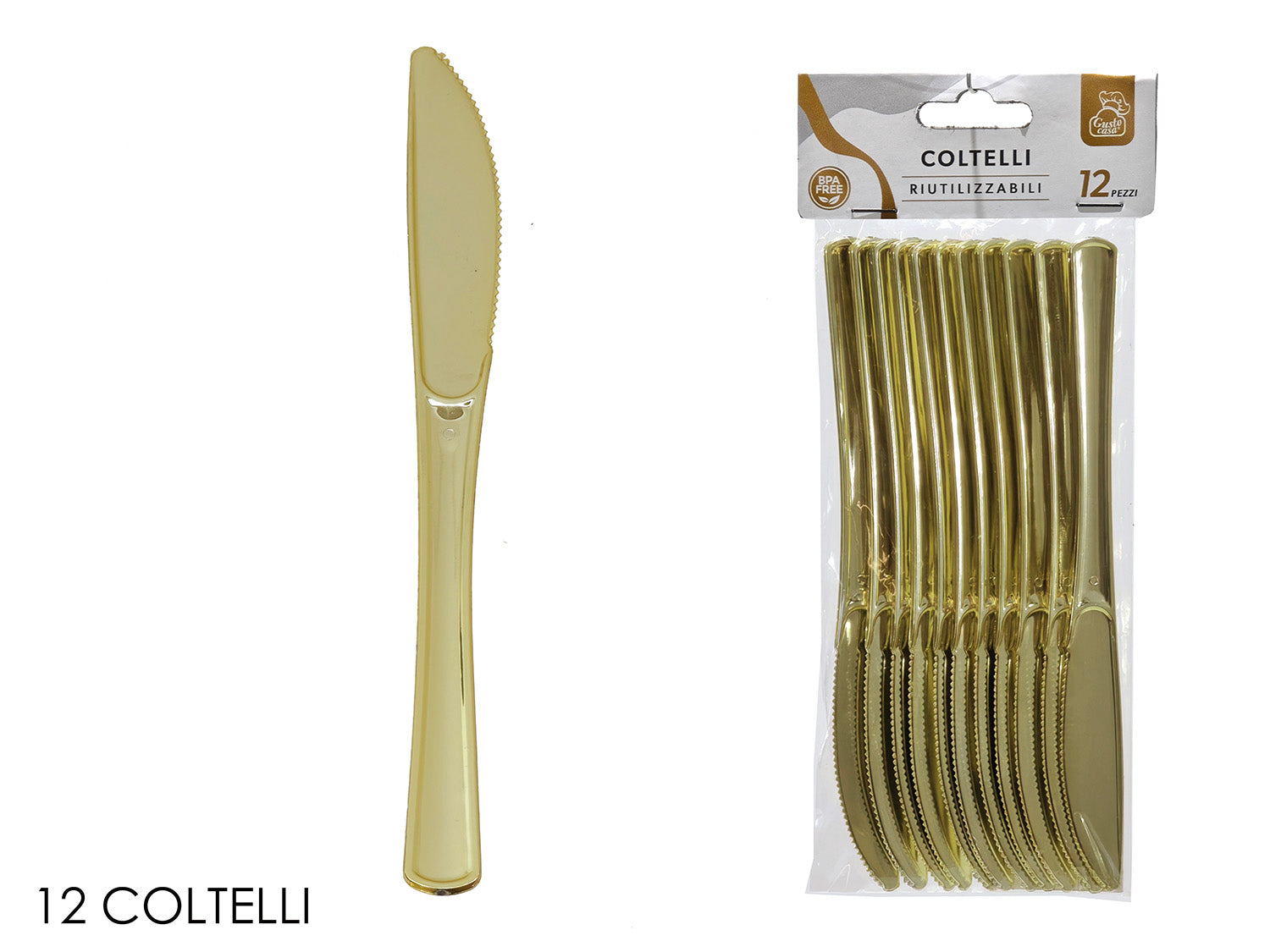 Coltelli in plastica oro in confezione da 12 pezzi