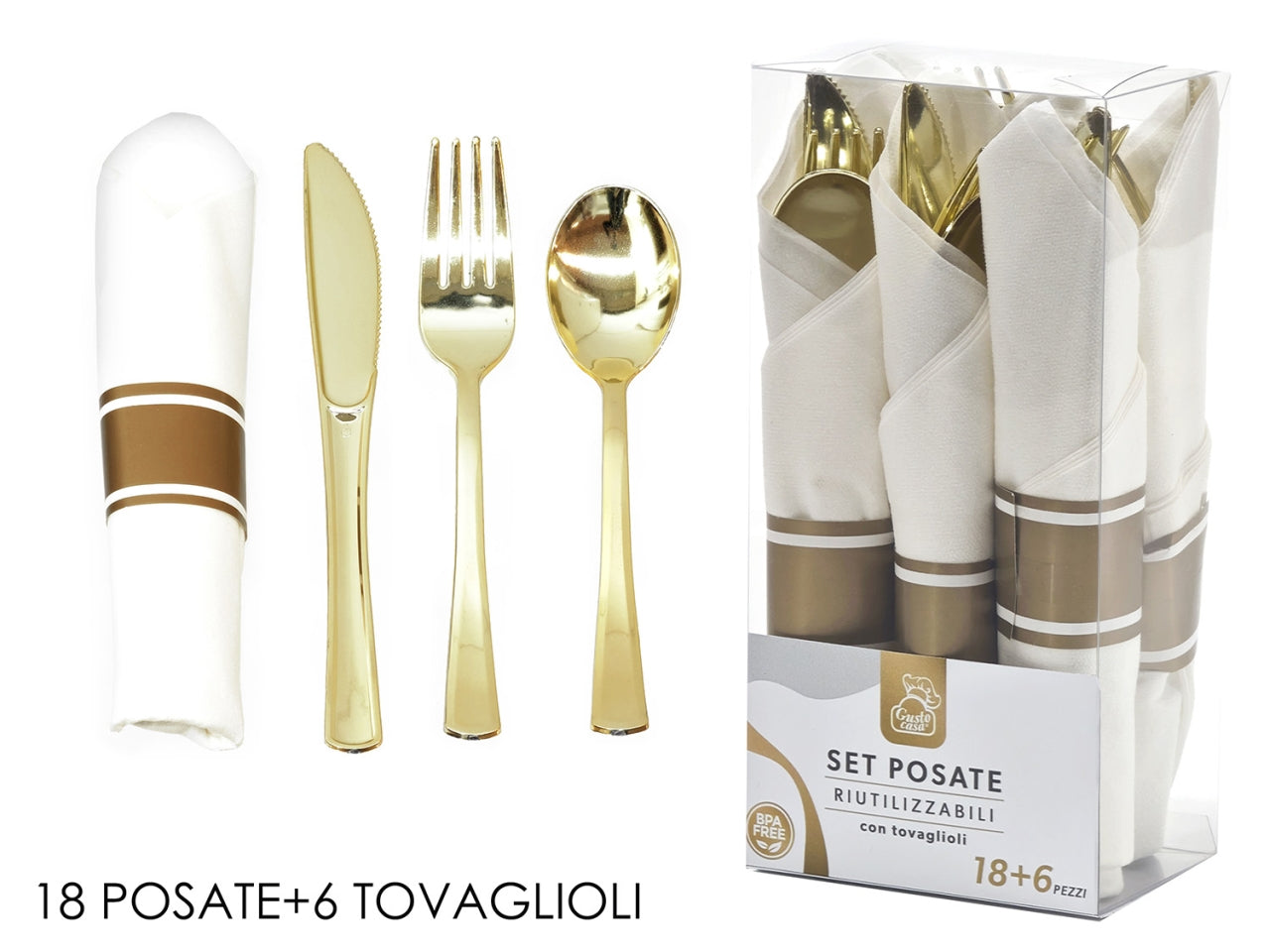 Posate in plastica, set da 18 pezzi oro con 6 tovaglioli