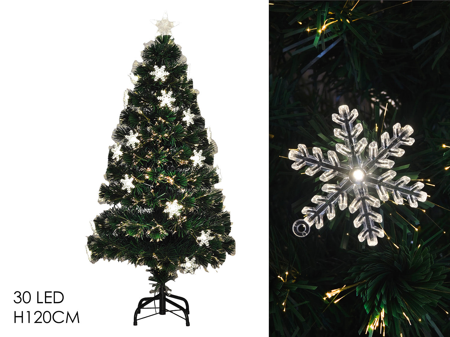 Albero 120cm fibre ottiche con fiocchi di neve e 30led