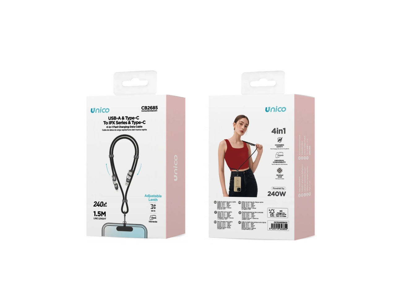 Cavo dati regolabile da appendere al collo A&C a C&L 240W 4 in 1, 1,5m (02UNICO,CB2685,nero)