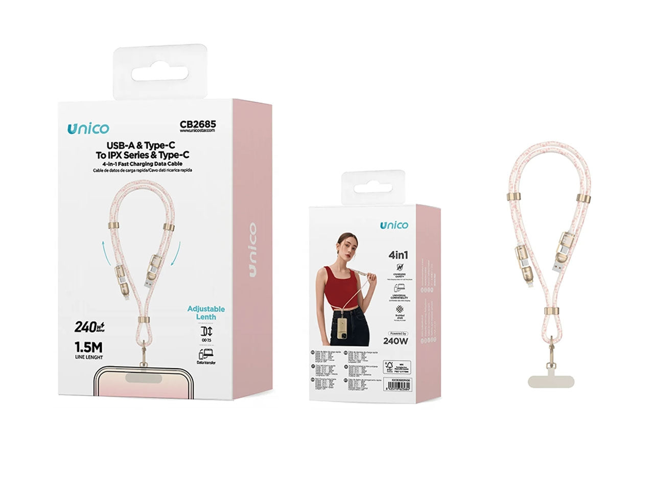 Cavo dati regolabile da appendere al collo A&C a C&L 240W 4 in 1, 1,5m (02UNICO,CB2685,rosa)