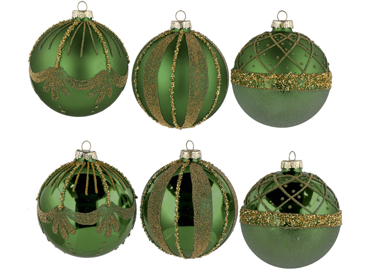 Palla vetro 10cm verde e oro con decorazioni assortite