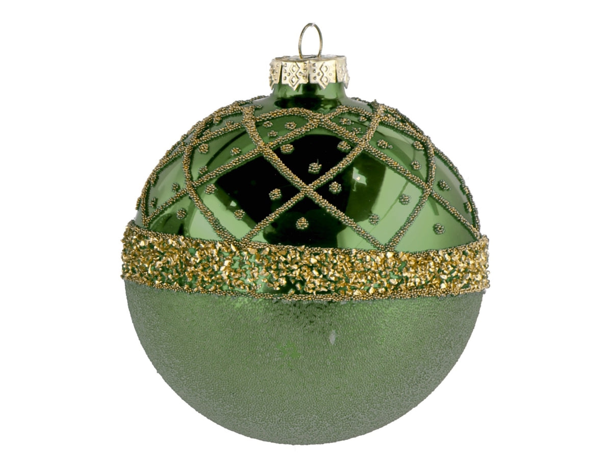 Palla vetro 10cm verde e oro con decorazioni assortite