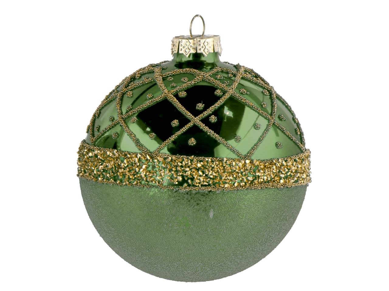 Palla vetro 10cm verde e oro con decorazioni assortite