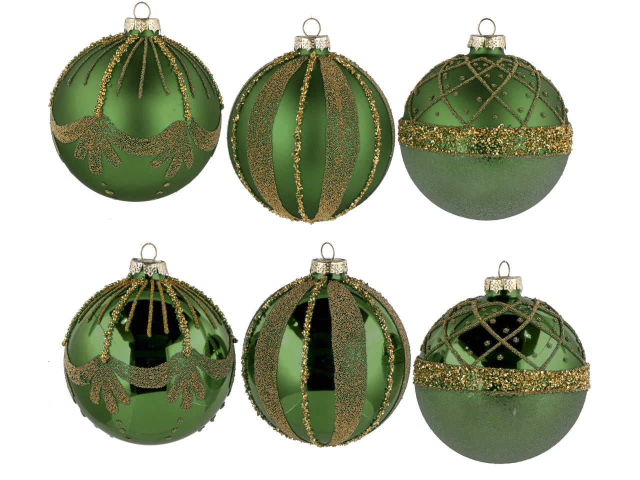 Palla vetro 10cm verde e oro con decorazioni assortite