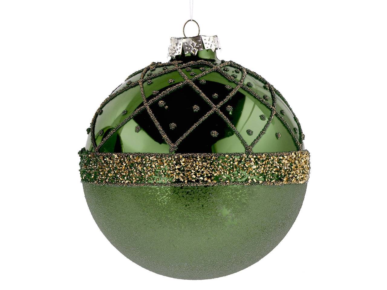 Palla vetro 12cm verde e oro con decorazioni assortite