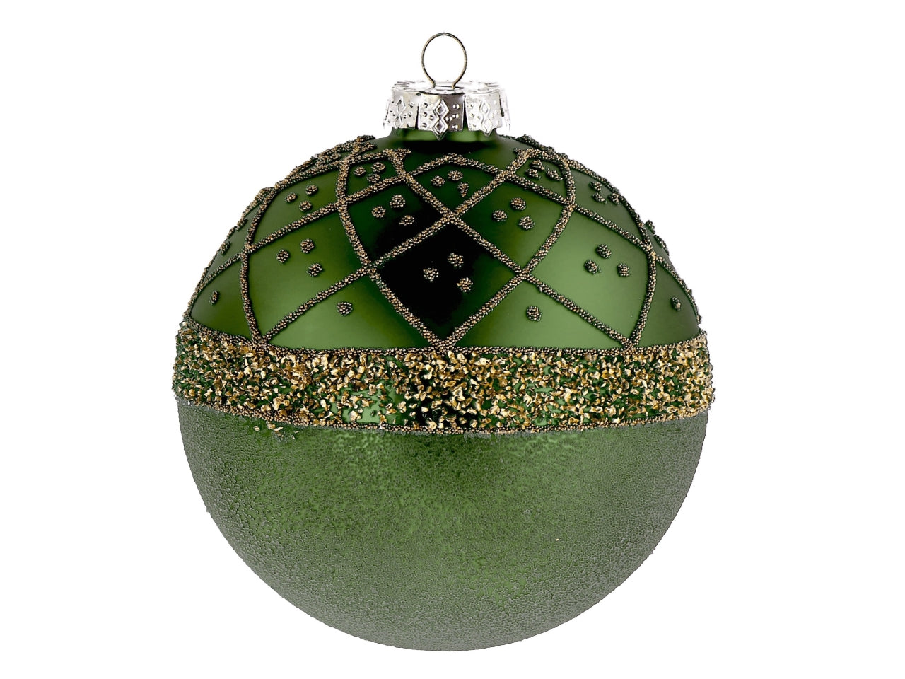 Palla vetro 12cm verde e oro con decorazioni assortite
