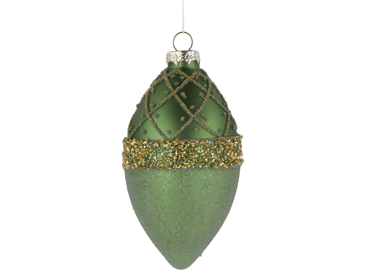 Palla goggia vetro 7xh.13cm verde e oro con decorazioni assortite