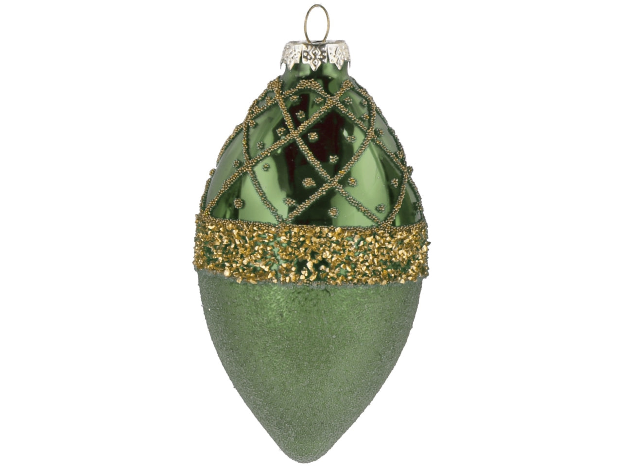 Palla goggia vetro 7xh.13cm verde e oro con decorazioni assortite