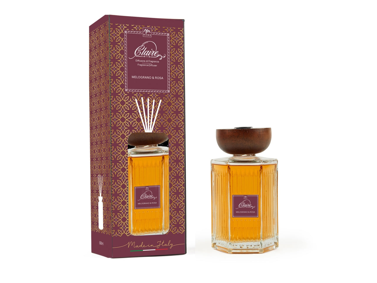 Diffusore con bacchette bottiglia clara 500ml melograno&rosa