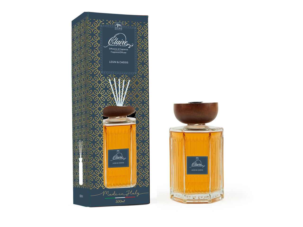 Diffusore con bacchette bottiglia clara 500ml legni&cassis