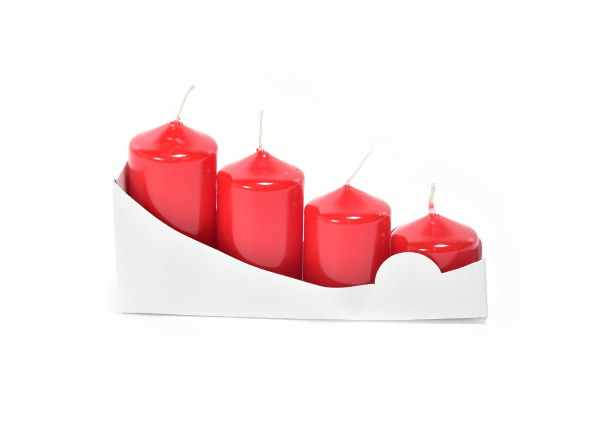 Candela moccolo varie misure 3,9x4/5.5/7/8cm in confezione da 4 pezzi rosso lucido