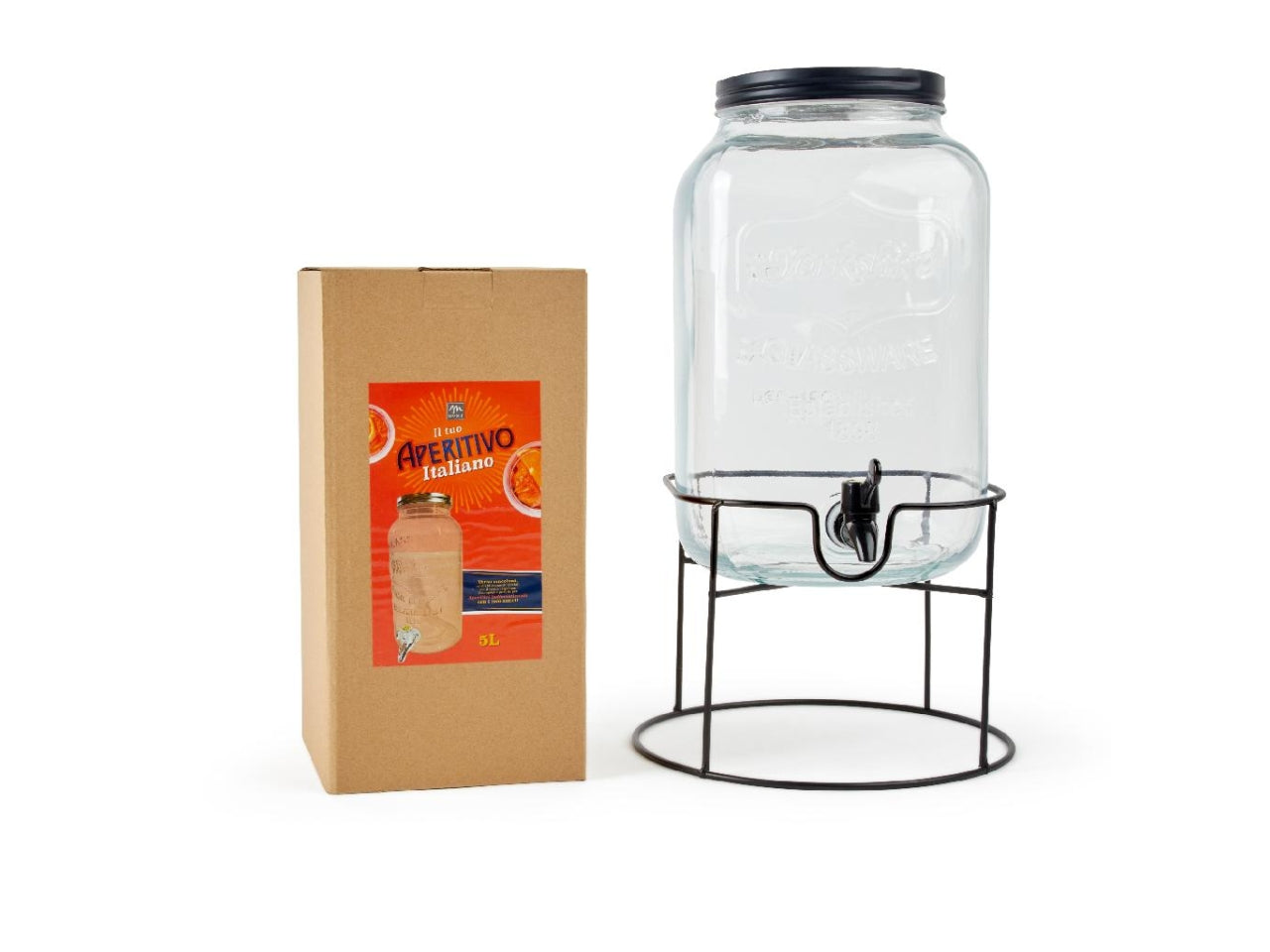 Dispenser per bibite 8lt in vetro 24,5x24,5xh.44 con supporto in metallo in scatola regalo