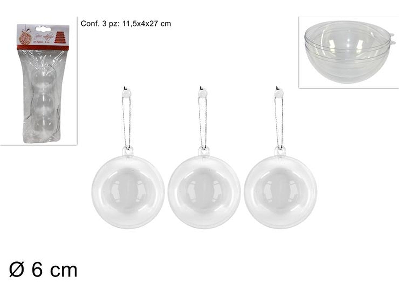 Sfera plastica trasparente 6cm in confezione da 3 pezzi