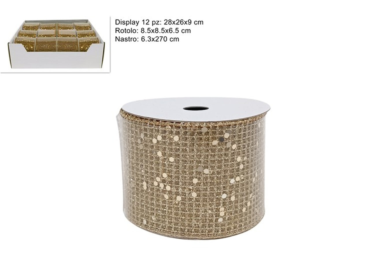 Nastro retinato glitterato 6,3cmx2,7mt champagne