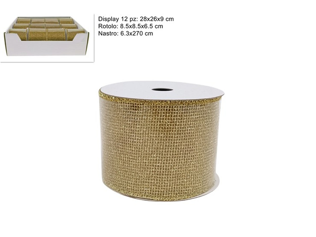 Nastro retinato glitterato 6,3cmx2,7mt oro