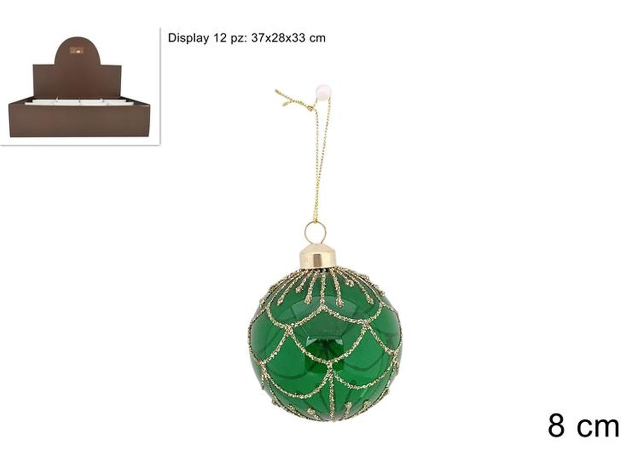 Palla in vetro 8cm verde trasparente con decoro oro