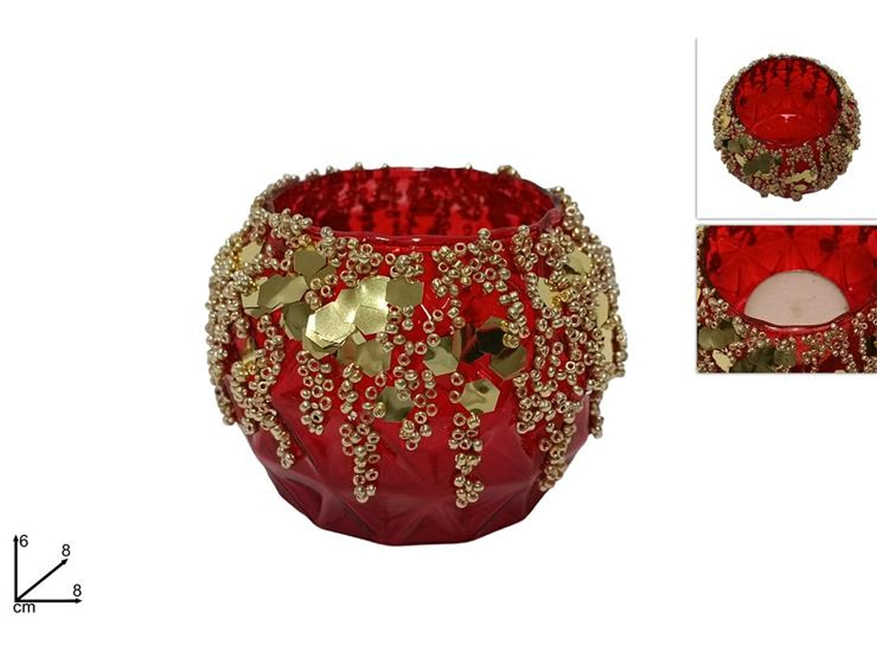 Porta tealight in vetro con perline rosso