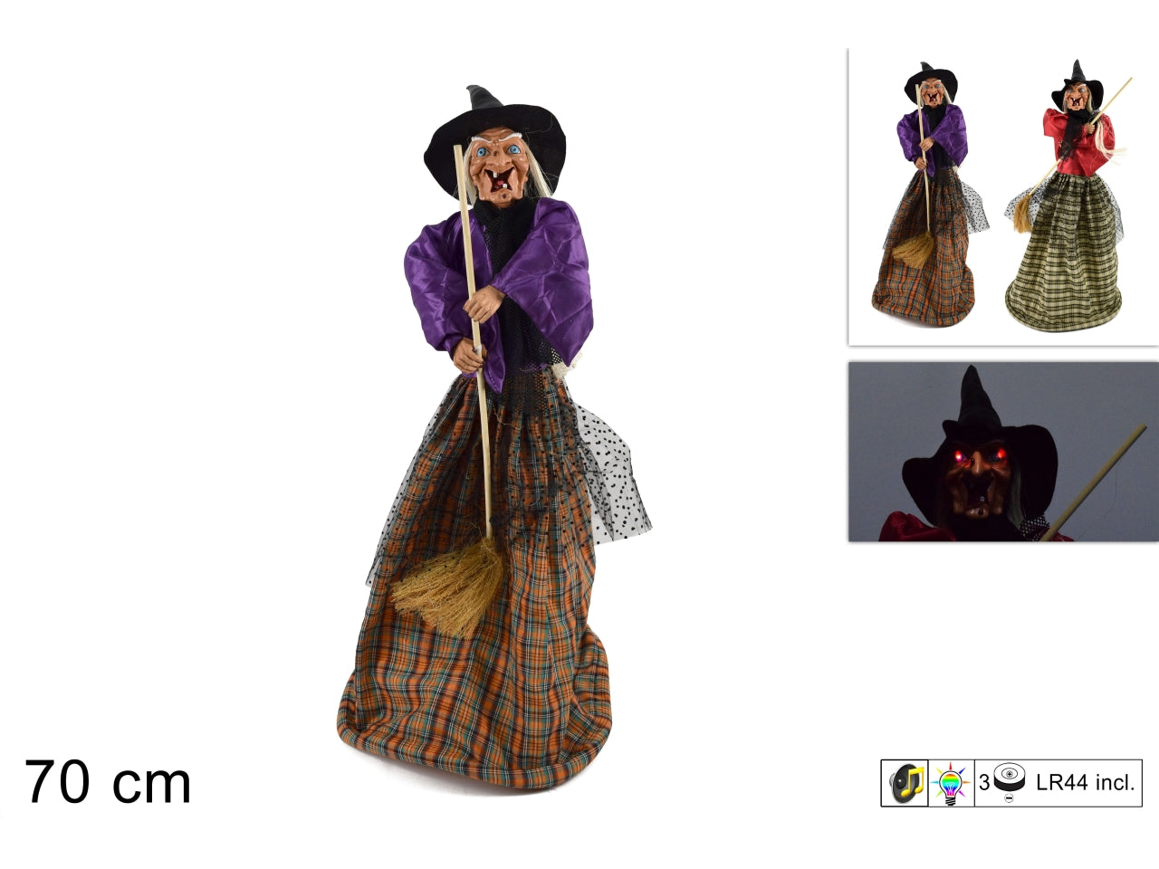 Befana 70cm con luce e suono a batteria