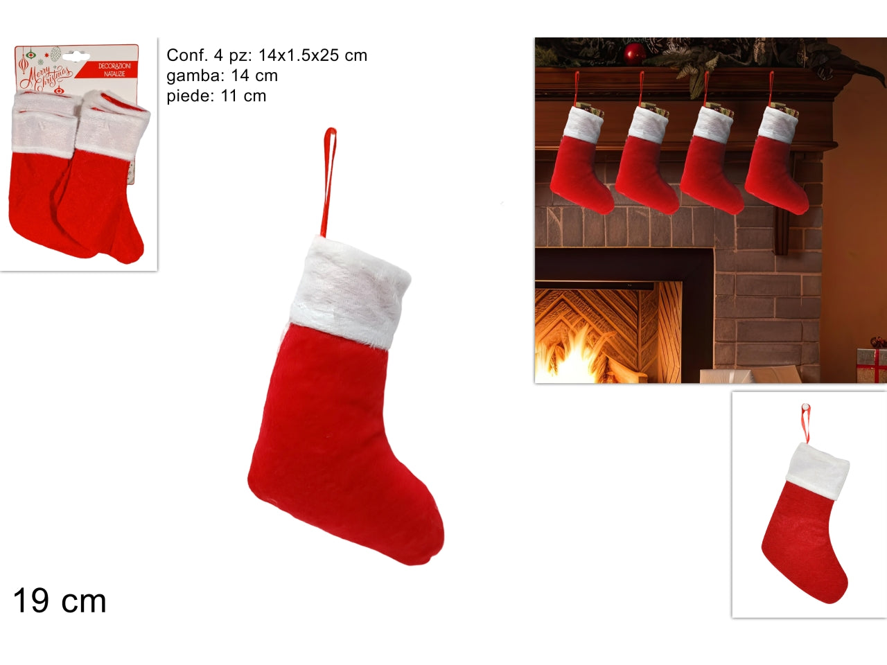 Calza 19cm in confezione da 4 pezzi rosso