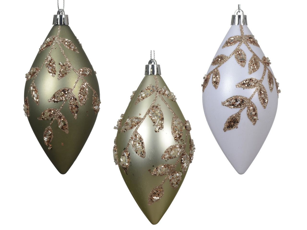 Palla goccia 12cm con foglie glitter, colori assortiti