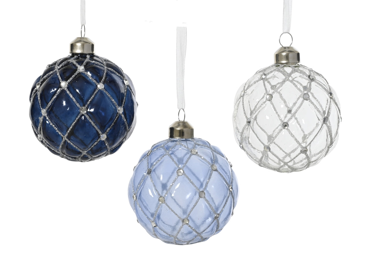 Palla vetro 8cm con glitter e perline in 3 cololori assortite