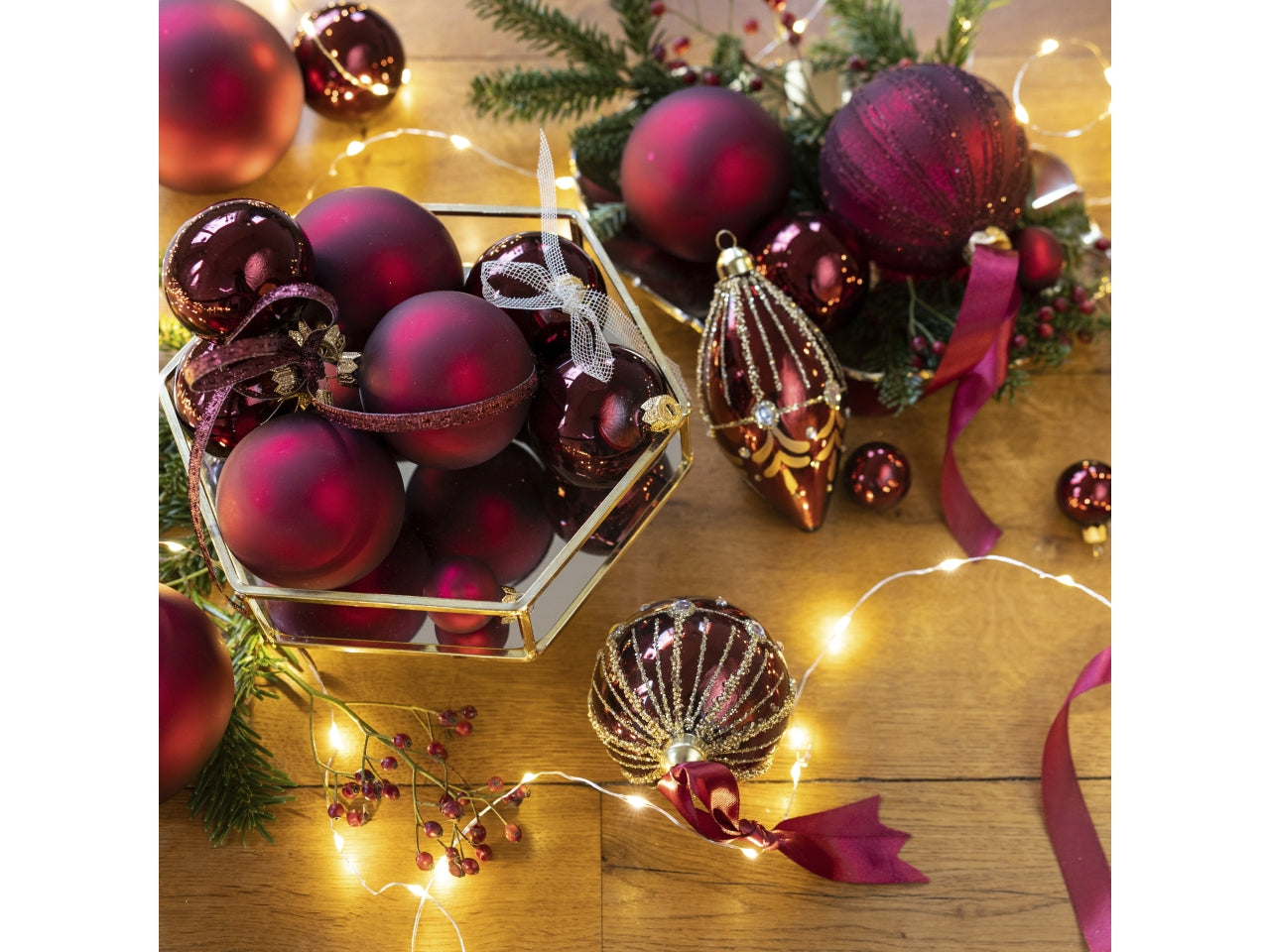 Palla vetro 8cm in confezione da 6 pezzi bordeaux lucido e opaco