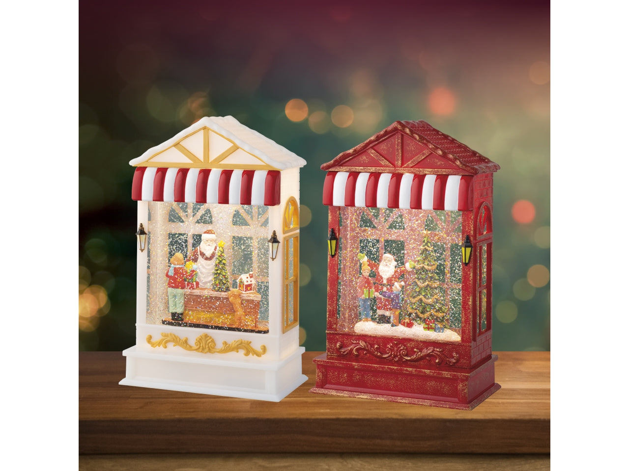 Casa babbo natale con acqua e led a batteria 9x16x25,5cm