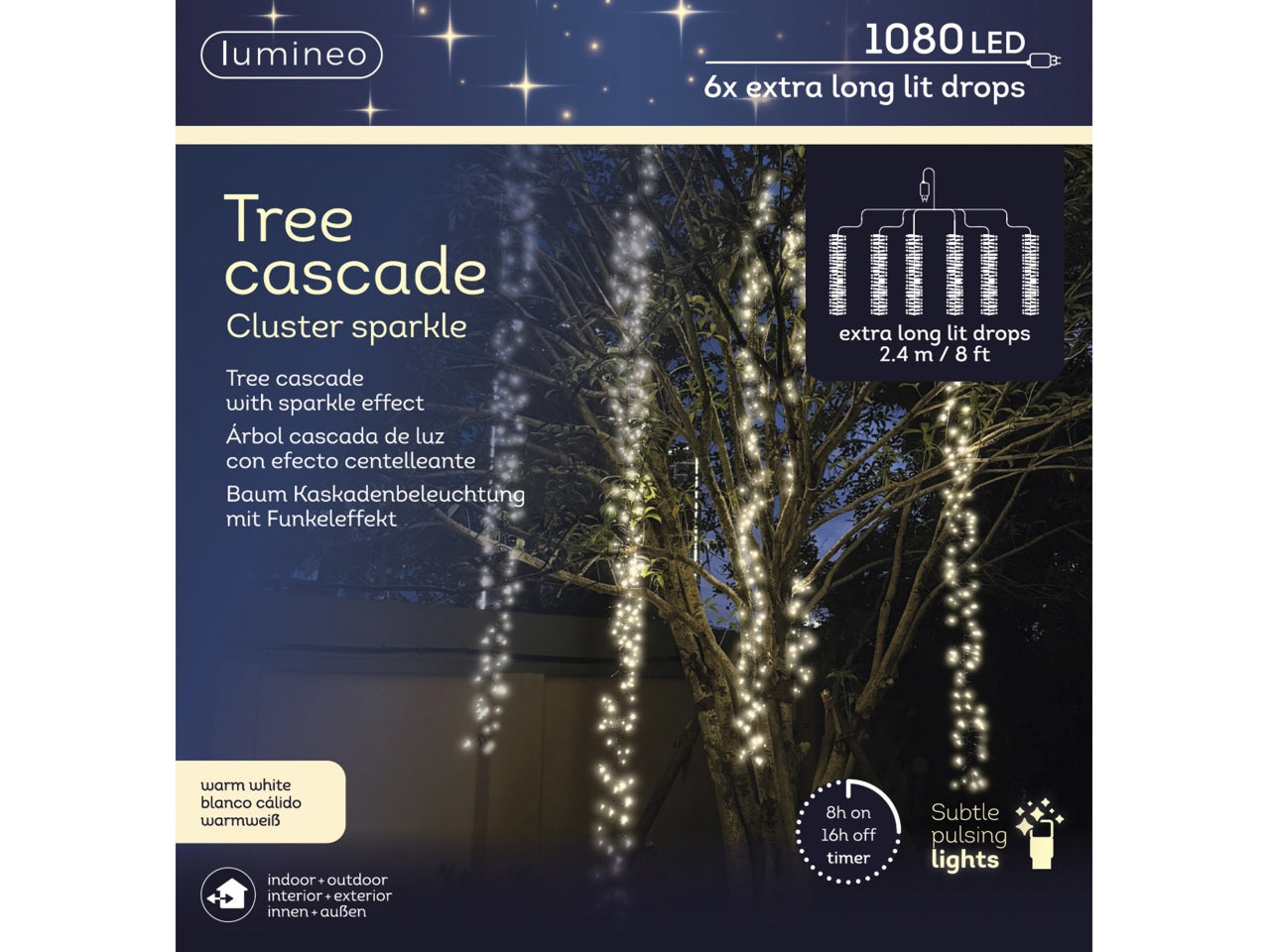 Tenda luci a cascata 1080led bianco caldo effetto scintillante 6 fili neri con luci a grappoli 240x240cm per uso esterno